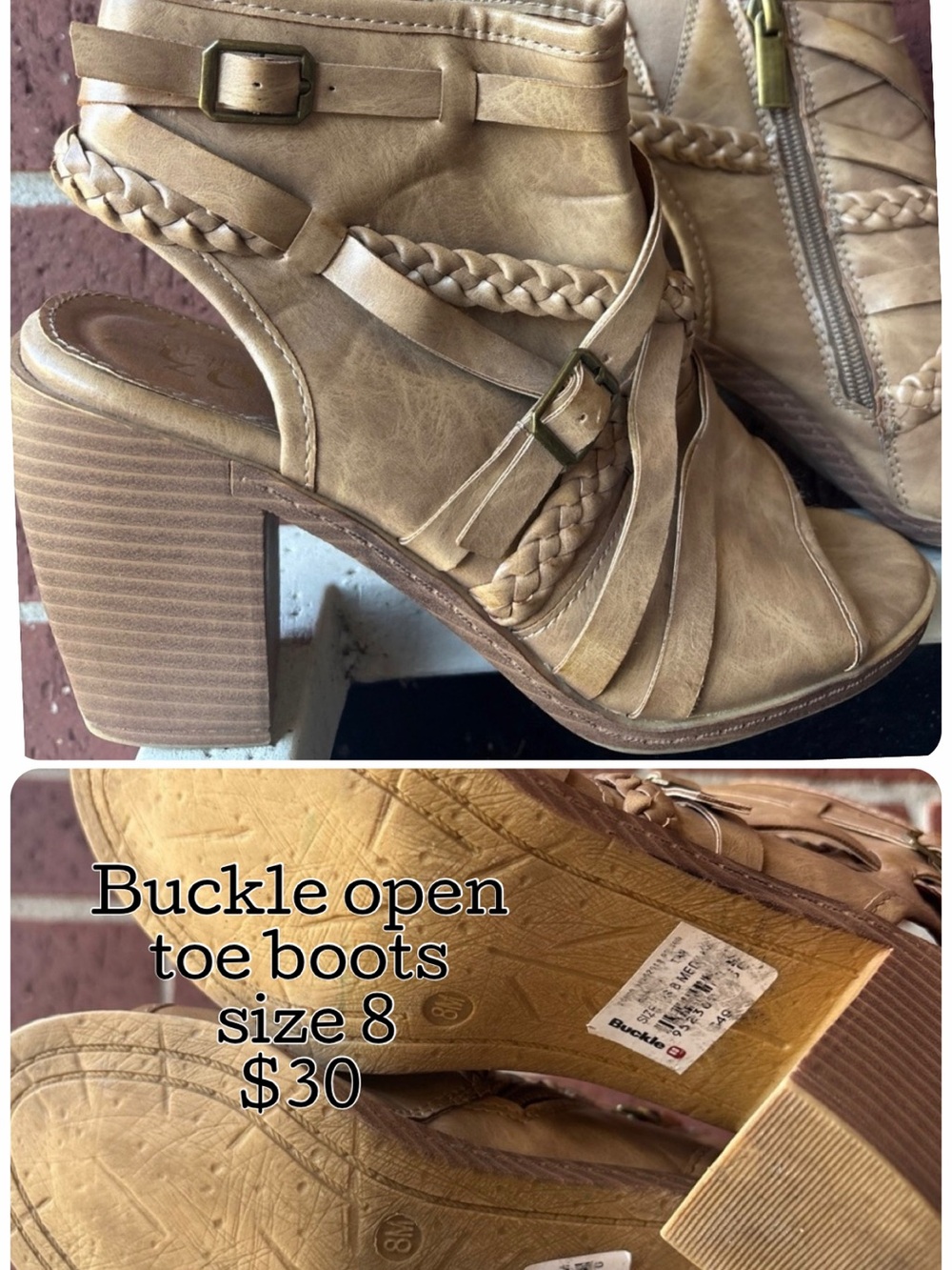Buckle Tan Braided Open-Toe Ankle Booties